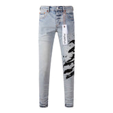 9048 Mens Purple Skinny Jeans with Ripped Detail Fashionable Denim Biker Pants with Patches and Printed Design Jeans Purple